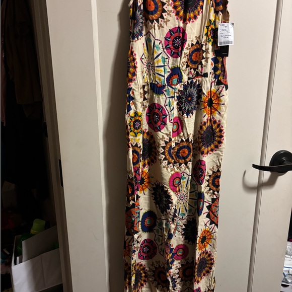 Pants - Boho Sunburst Print Maxi Dress - Cream with Multicolor Medallions
